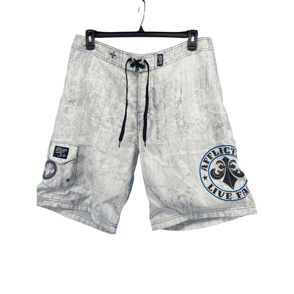Affliction Mens Board Shorts Size 36 White Grey Marble Wash Live Fast MMA Trunks